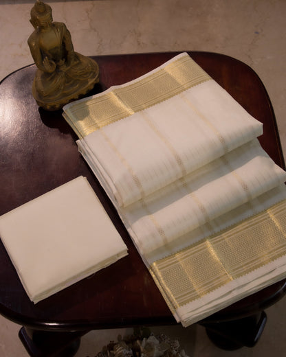 Premium White Traditional Gold And Silver Lines Handloom Pure Kanjivaram Silk (9x5) Dhoti, Angavastram & Shirt (2.50M) With Border