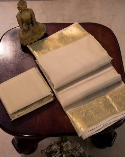 Premium Cream Gold Plain Handloom Pure Kanjivaram Silk (9x5) Dhoti, Angavastram & Shirt (2.50M) With Traditional Border