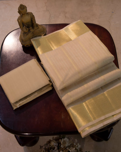 Premium Cream Gold Traditional Gold And Silver Lines Handloom Pure Kanjivaram Silk (9x5) Dhoti, Angavastram & Shirt (2.50M) With Border