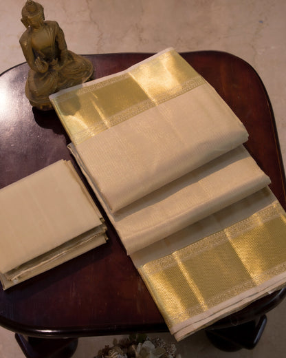 Premium Gold Traditional Checks Handloom Pure Kanjivaram Silk (9x5) Dhoti, Angavastram & Shirt (2.50M) With Border
