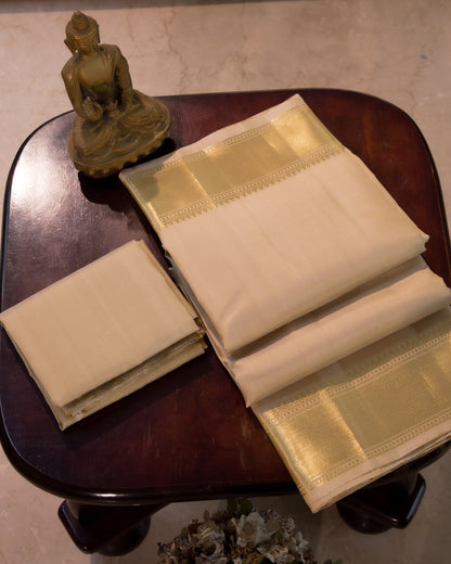 Premium Cream Gold Plain Handloom Pure Kanjivaram Silk (9x5) Dhoti, Angavastram & Shirt (2.50M) With Traditional Border