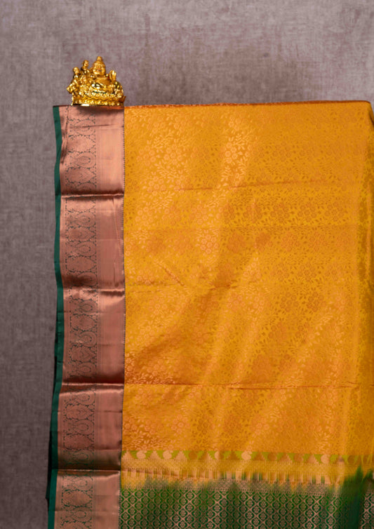 Mustard Yellow Grand Puremix Silk Saree With Green Blouse