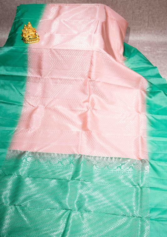 Light Peach Kanjivaram Pure Silk Saree With Green Blouse