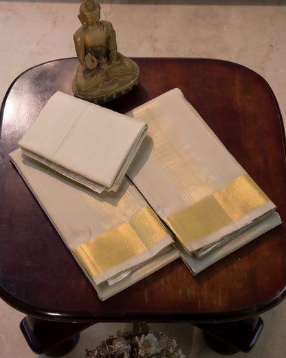 Half White Pure Silk (8x4) Dhoti, Angavastram & Shirt (2.50M) with Gold Zari Border