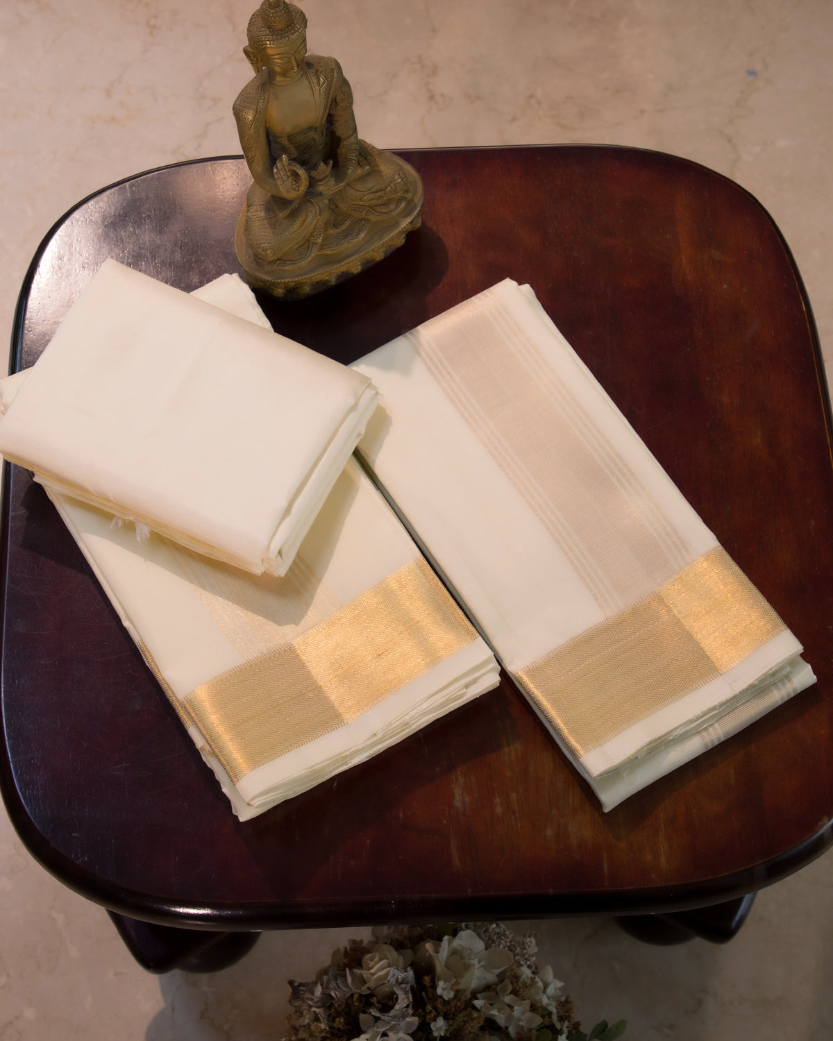 Cream White Pure Silk Dhoti (8x4) Yards with Gold Zari Border