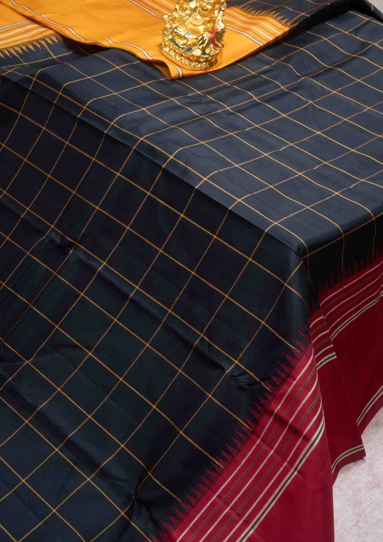 Kanjivaram Pure Silk Saree Black Body & Yellow Checks With Ganga Jamuna Border