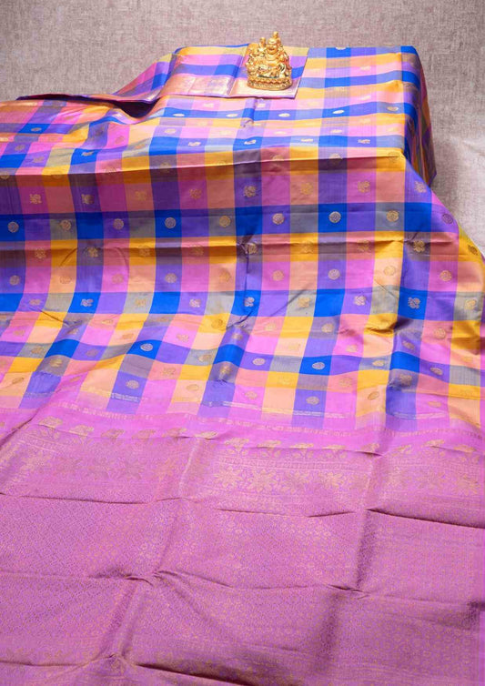 Kanjivaram Pure Silk Saree Traditional Paalum Pazhamum Checks With Plain Pink Blouse