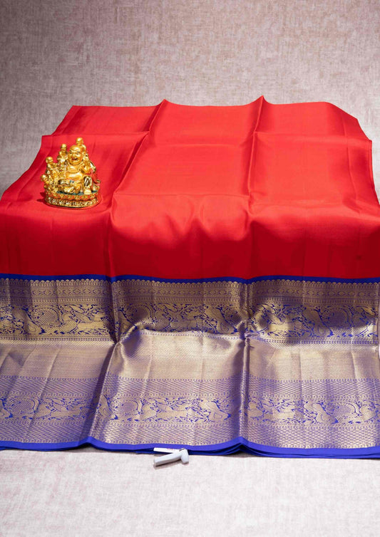 Pure Silk Pattu Pavadai ( Red ) With Royal Blue Long Border  44"