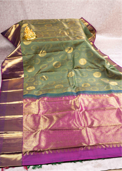 Kanjivaram Olive Green Pure Silk Jacquard Saree With Majentha Pink Blouse