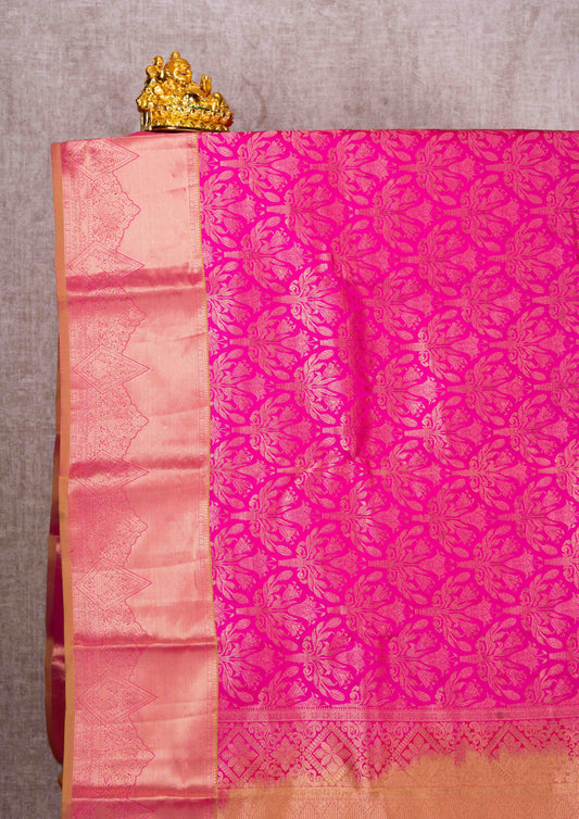 Pink Grand Puremix Silk Saree With Olive Mustard Yellow Blouse