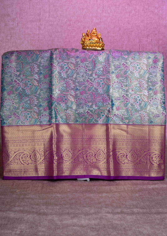 Mix Silk Pattu Pavadai ( Neon Green ) With Violet Blouse  44"