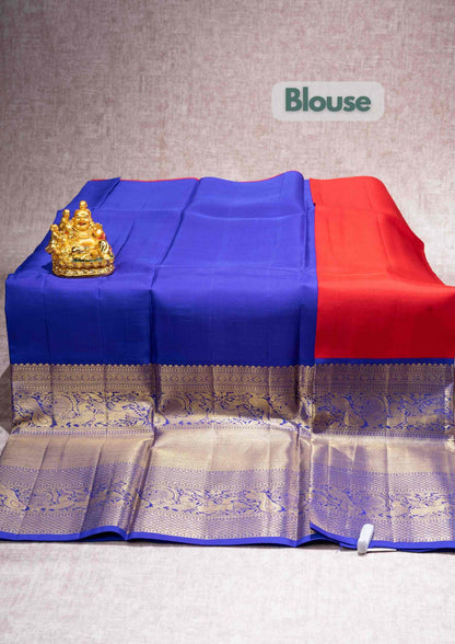 Pure Silk Pattu Pavadai ( Red ) With Royal Blue Long Border  44"
