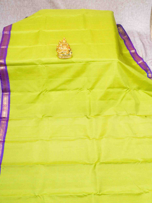 Green & Yellow Petty Checks Kanjivaram Pure silk Saree with Vadamalli Blouse