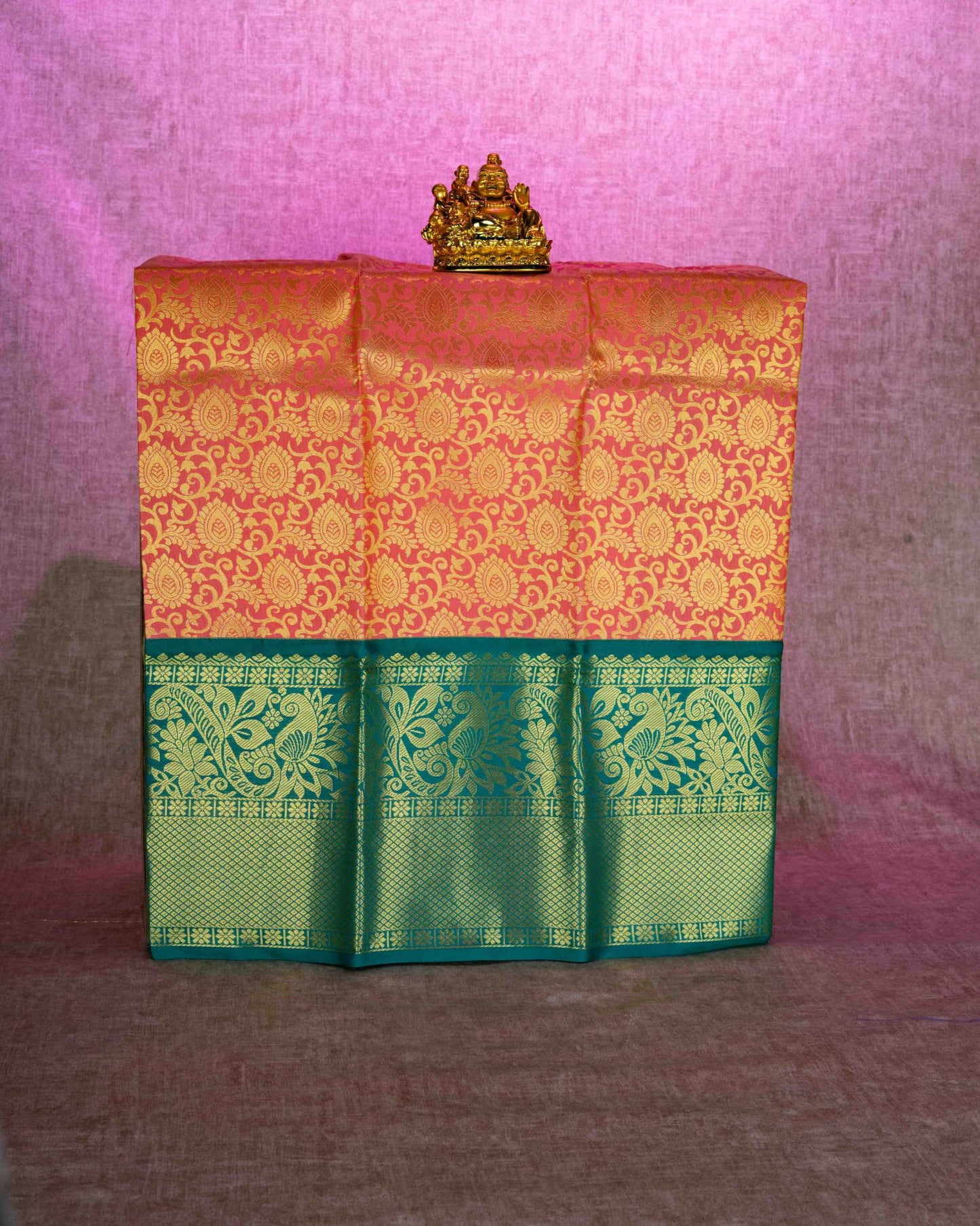 Semi Silk Pattu Pavadai ( Peach ) With Peacock Green Blouse 36"