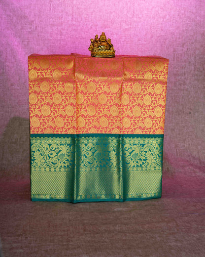 Semi Silk Pattu Pavadai ( Peach ) With Peacock Green Blouse 36"