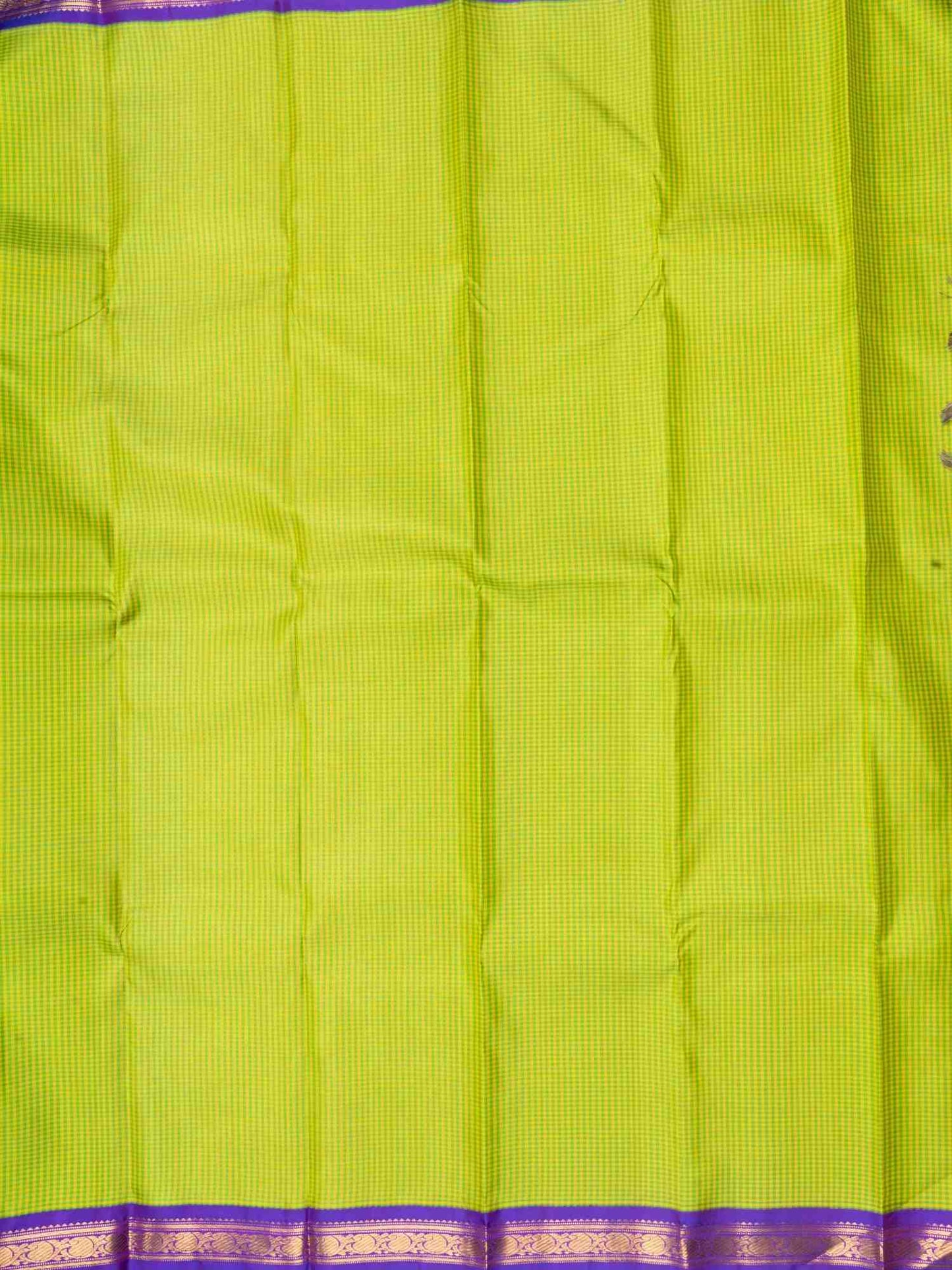 Green & Yellow Petty Checks Kanjivaram Pure silk Saree with Vadamalli Blouse