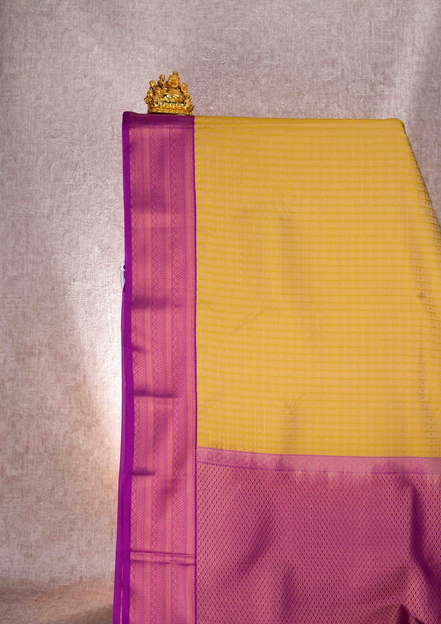 Mustard Yellow Checks Semi Silk Saree With Magenta Blouse
