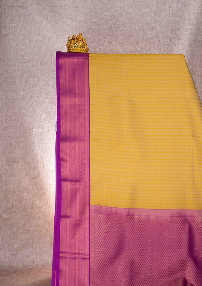 Mustard Yellow Checks Semi Silk Saree With Magenta Blouse