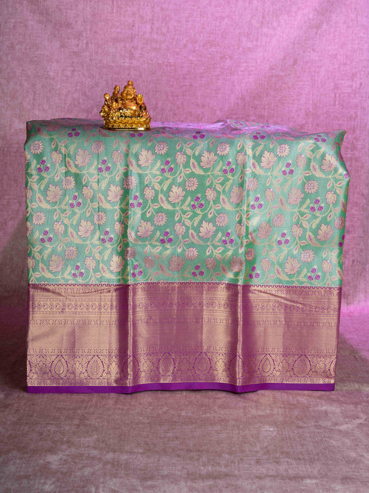 Mix Pattu Pavadai (Light Green) With Purple Blouse 44"