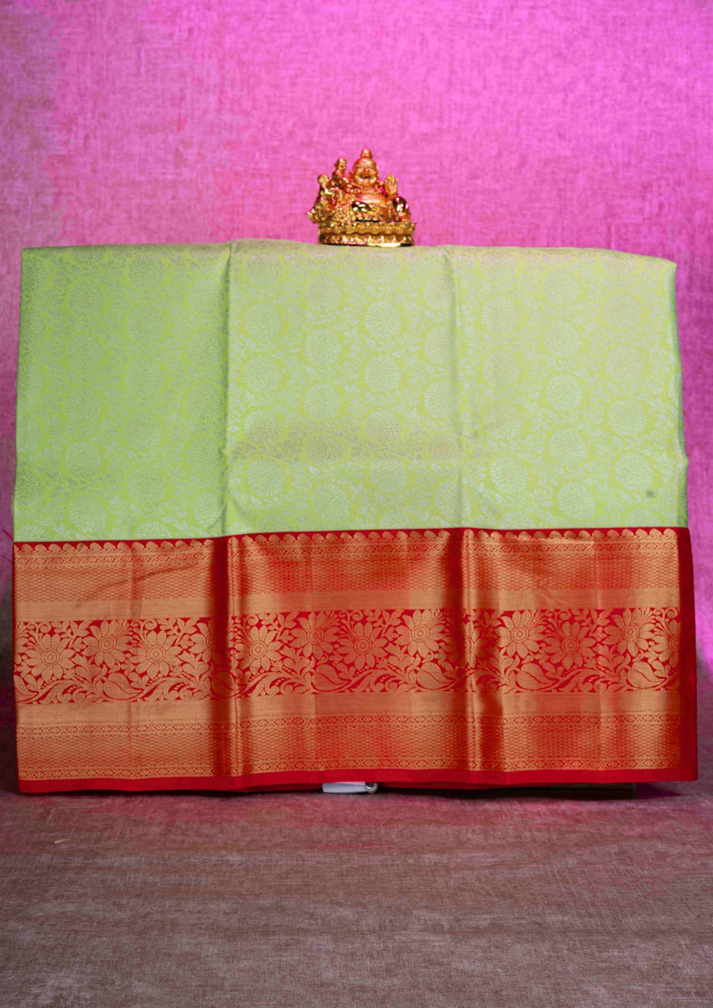 Mix Silk Pattu Pavadai ( Parrot Green ) With Red Blouse  44"