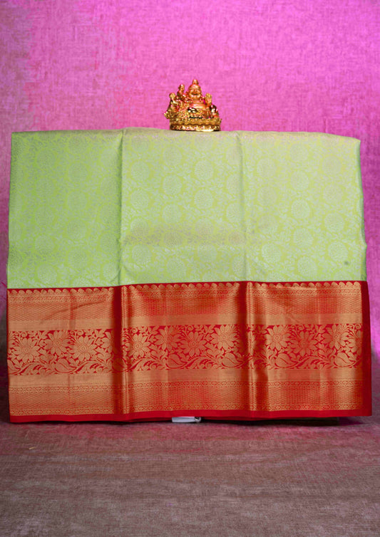 Mix Silk Pattu Pavadai ( Parrot Green ) With Red Blouse  44"