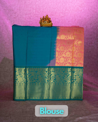 Semi Silk Pattu Pavadai ( Peach ) With Peacock Green Blouse 36"
