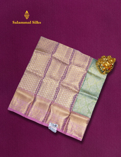 Pure Silk Pattu Pavadai (Cream Green Tissue) With Baby Pink Blouse 18"