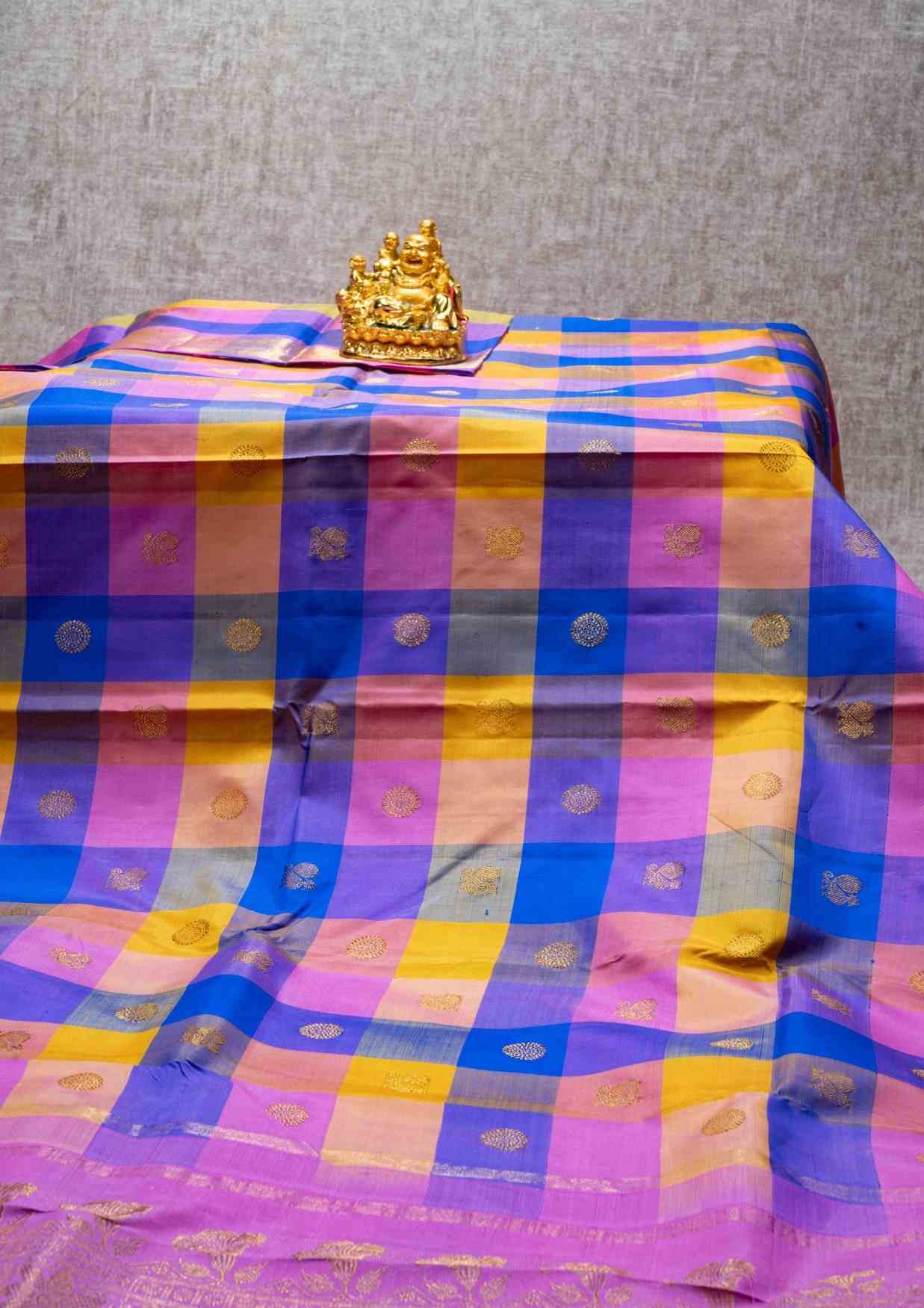 Kanjivaram Pure Silk Saree Traditional Paalum Pazhamum Checks With Plain Pink Blouse