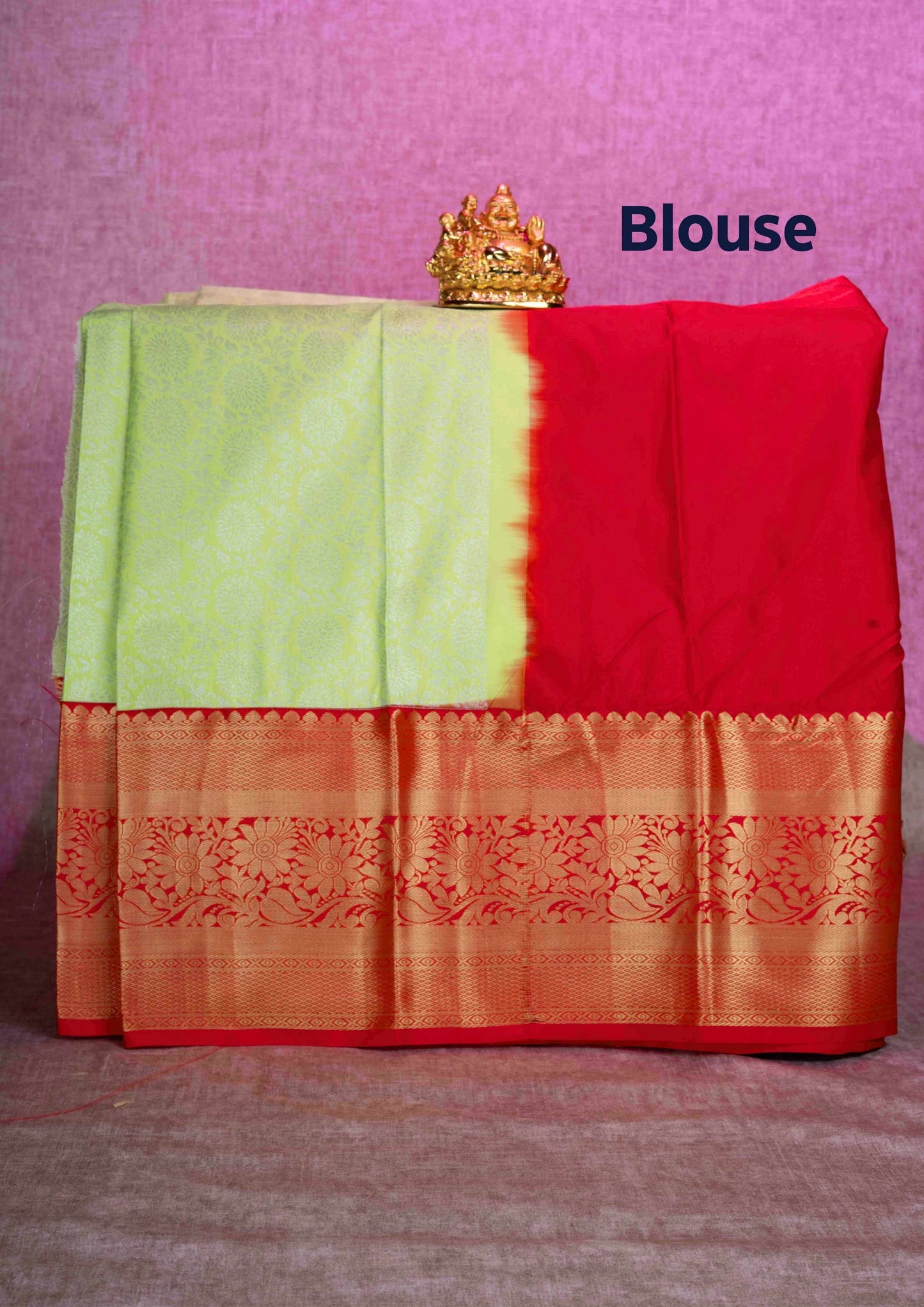 Mix Silk Pattu Pavadai ( Parrot Green ) With Red Blouse  44"
