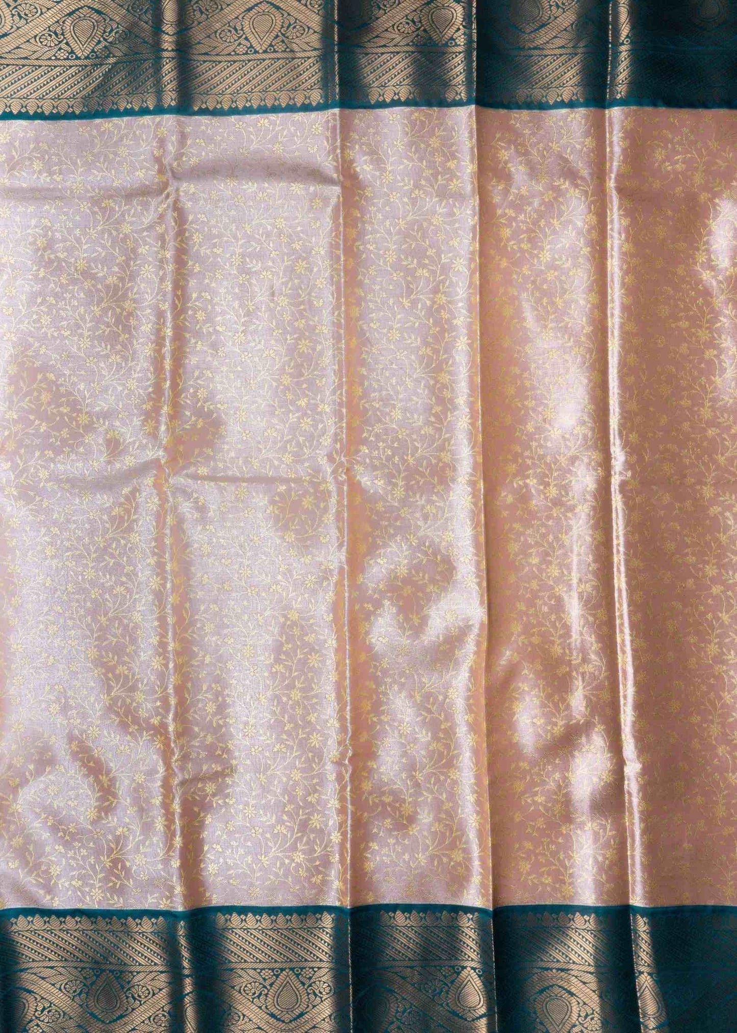 Beige Tissue Bridal Semi Silk Saree With Bottle Green Border