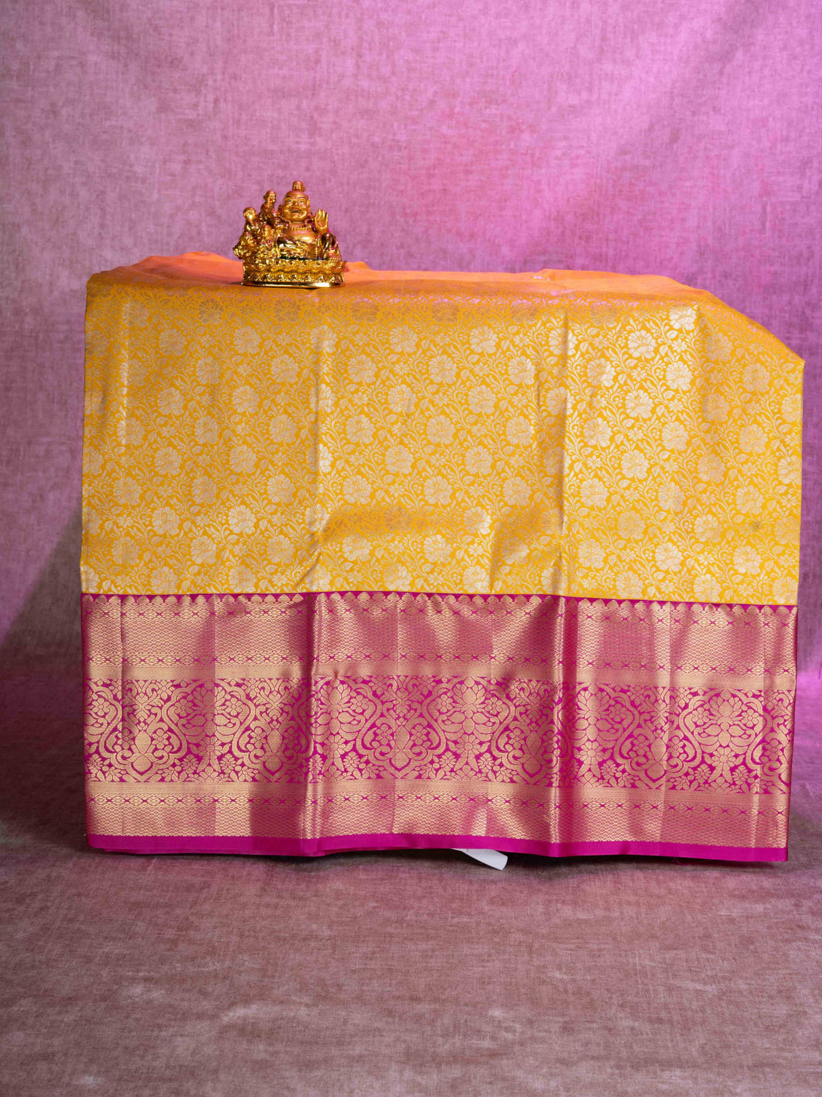 Semi Silk Pattu Pavadai (Yellow) With Pink Blouse 44"