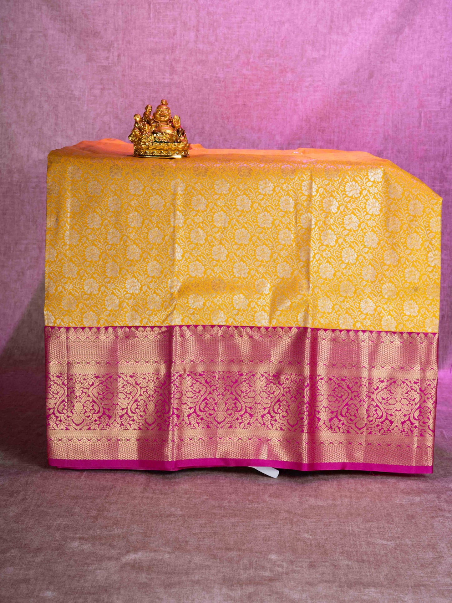 Mix Pattu Pavadai (Yellow) With Pink Blouse 44"