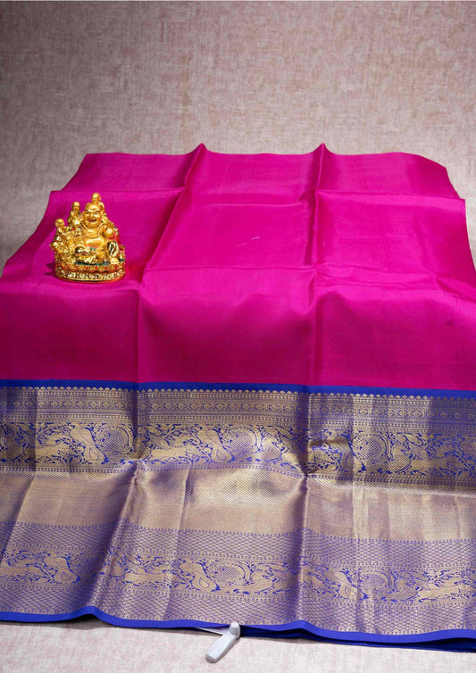 Pure Silk Pattu Pavadai ( Magenta Pink ) With Royal Blue Blouse  44"