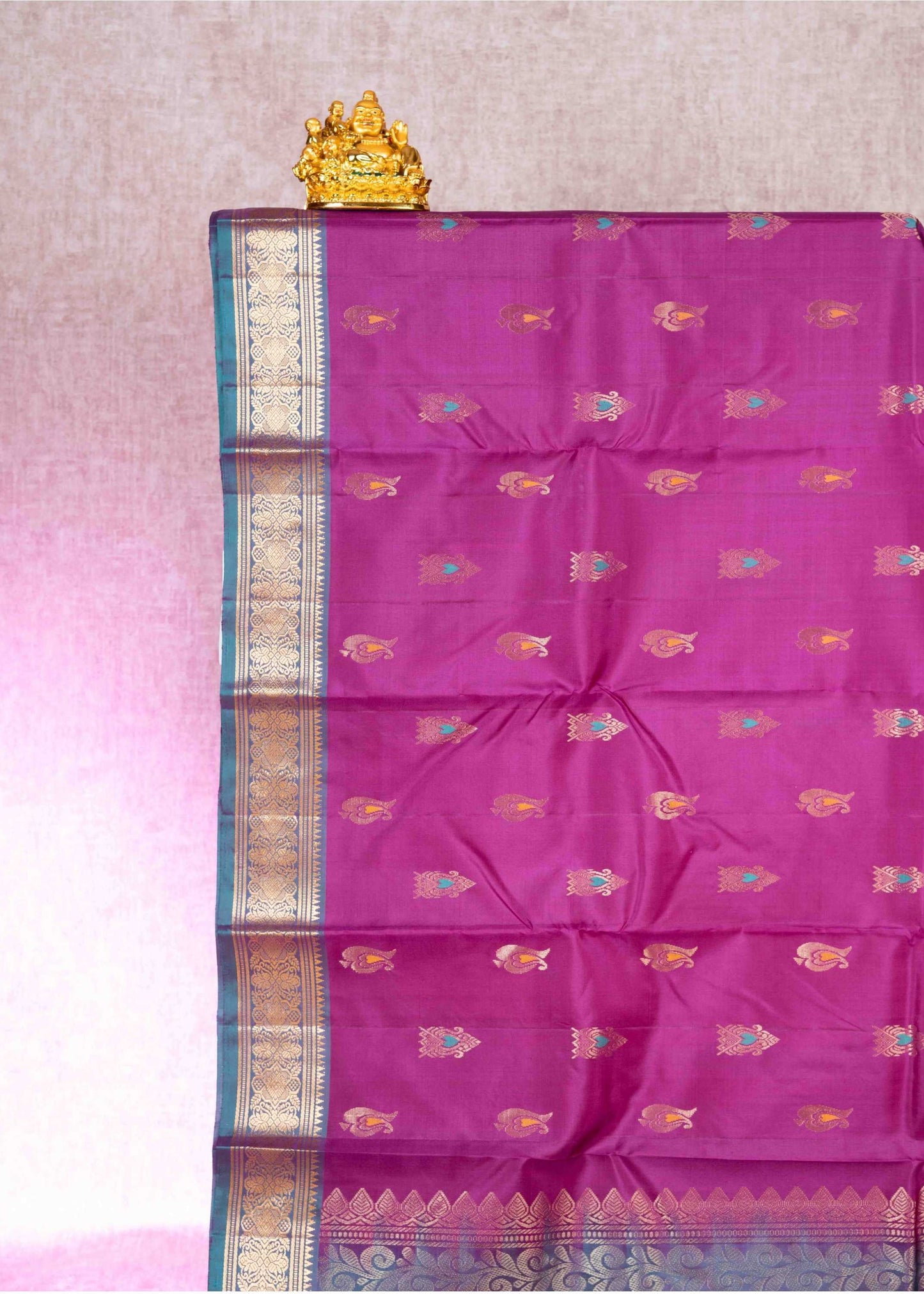 Kanjivaram Violet Pure Silk Saree With Peacock Blue Blouse