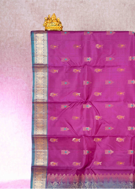 Kanjivaram Violet Pure Silk Saree With Peacock Blue Blouse