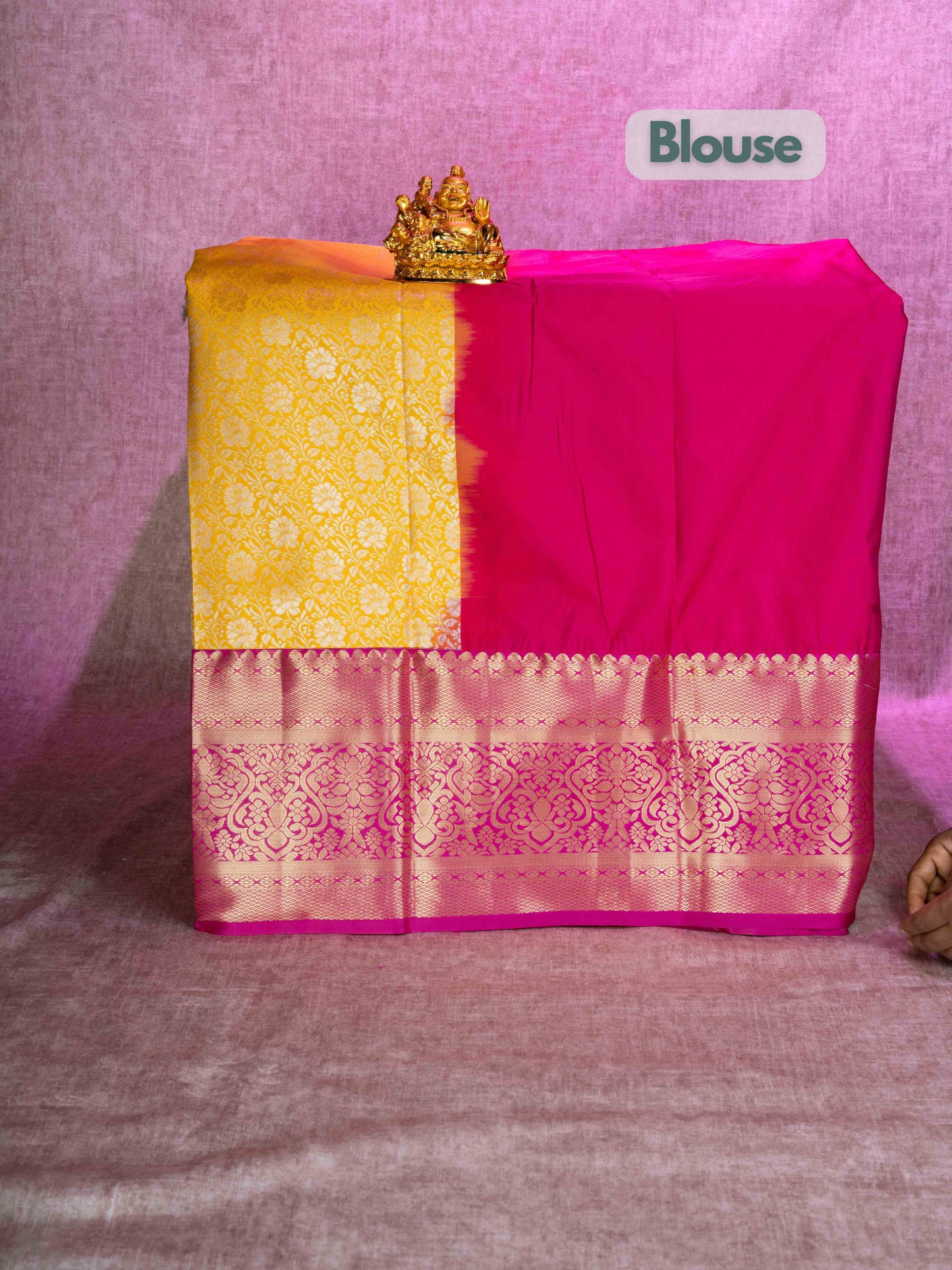 Mix Pattu Pavadai (Yellow) With Pink Blouse 44"