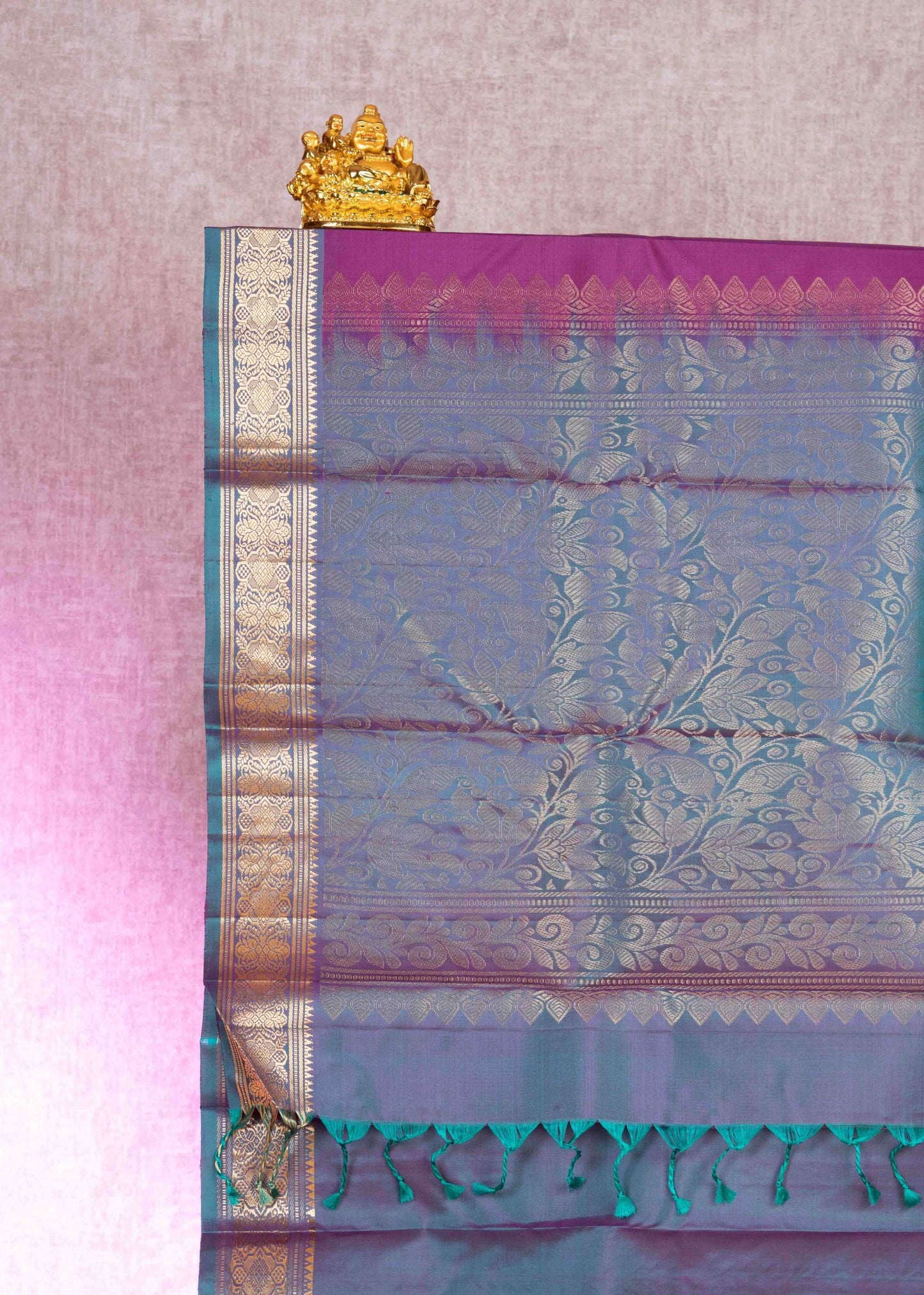 Kanjivaram Violet Pure Silk Saree With Peacock Blue Blouse