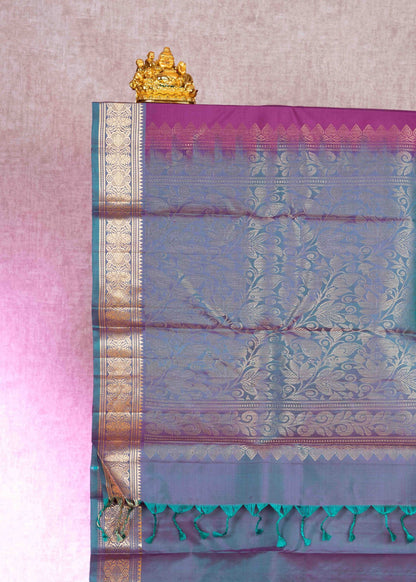 Kanjivaram Violet Pure Silk Saree With Peacock Blue Blouse