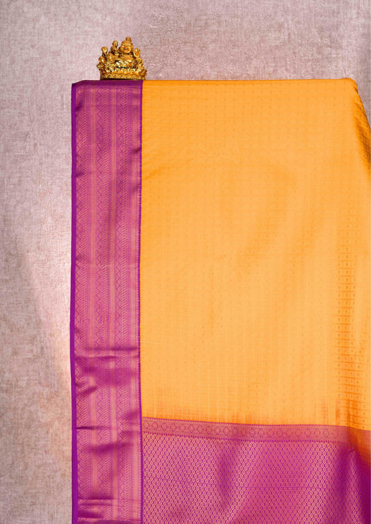Mustard Yellow Checks Semi Silk Saree With Magenta Blouse