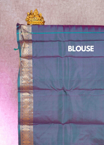 Kanjivaram Violet Pure Silk Saree With Peacock Blue Blouse