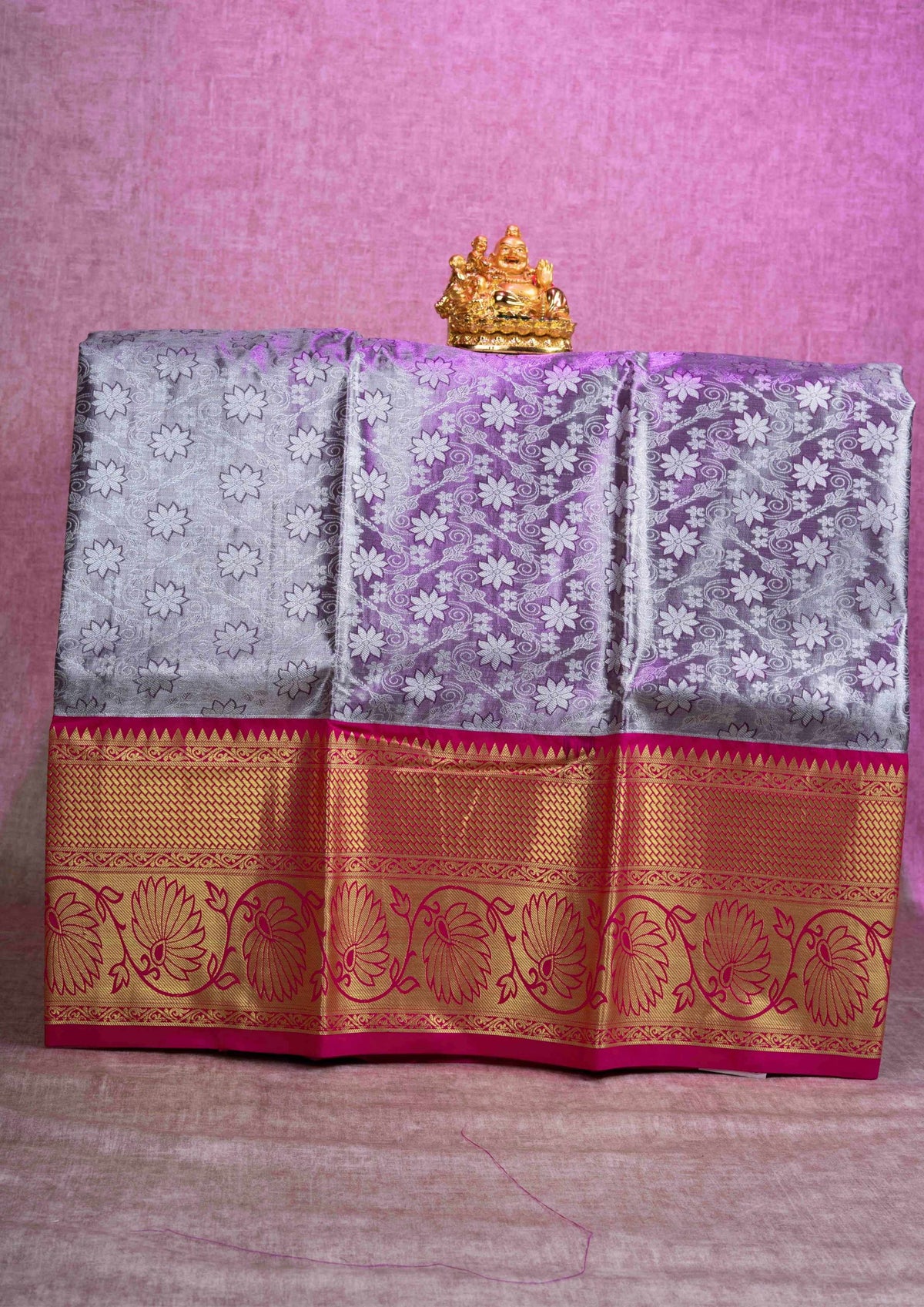 Semi Silk Pattu Pavadai ( Cream Gray Tissue ) With Pink Blouse  44"