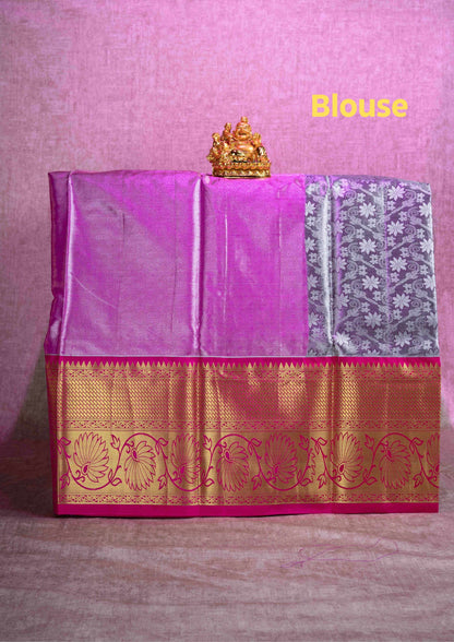 Mix Silk Pattu Pavadai ( Cream Gray Tissue ) With Pink Blouse  44"