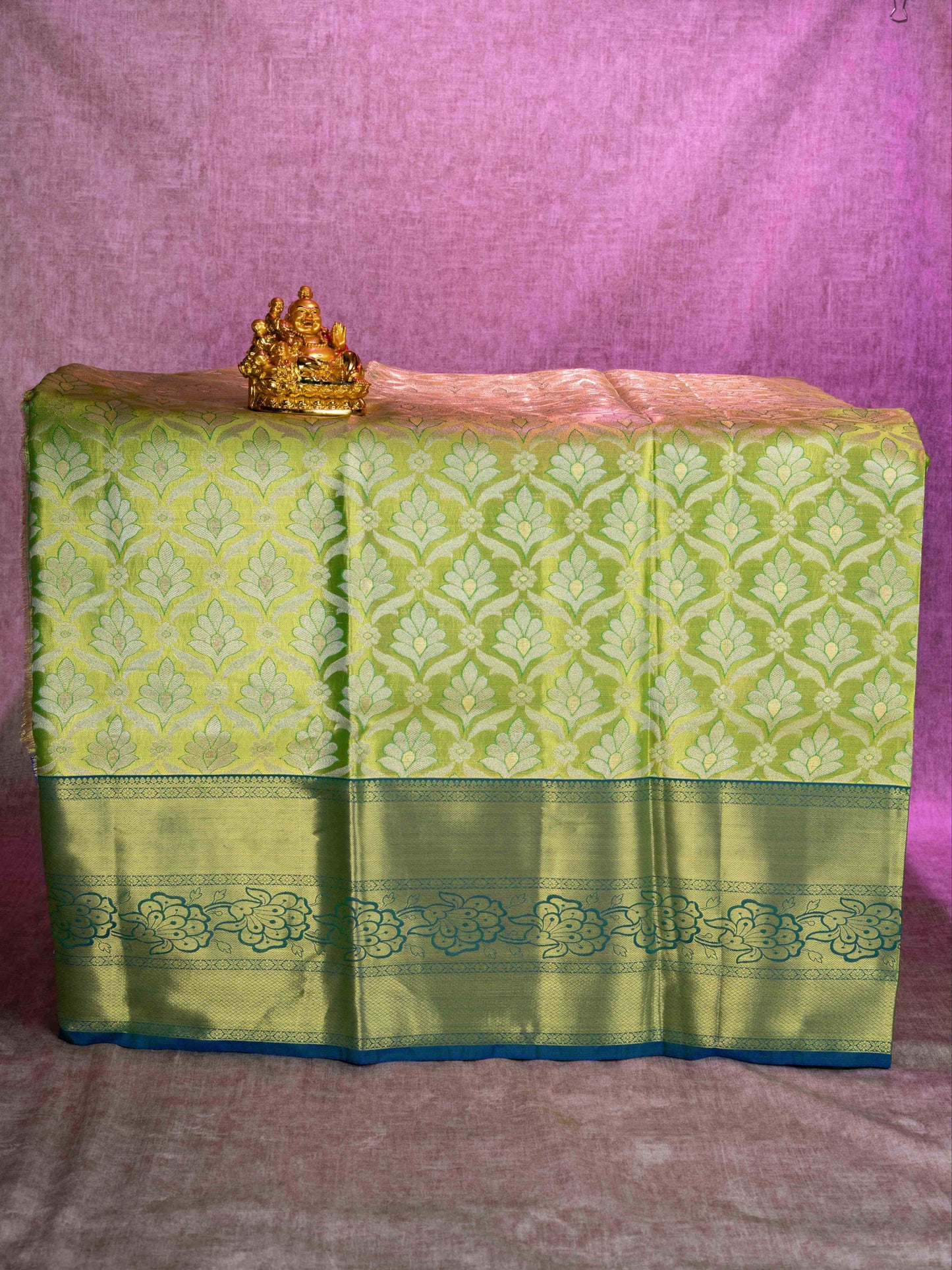 Mix Pattu Pavadai (Parrot Green Tissue) With Olive Blue Blouse 44"