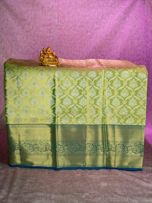 Mix Pattu Pavadai (Parrot Green Tissue) With Olive Blue Blouse 44"