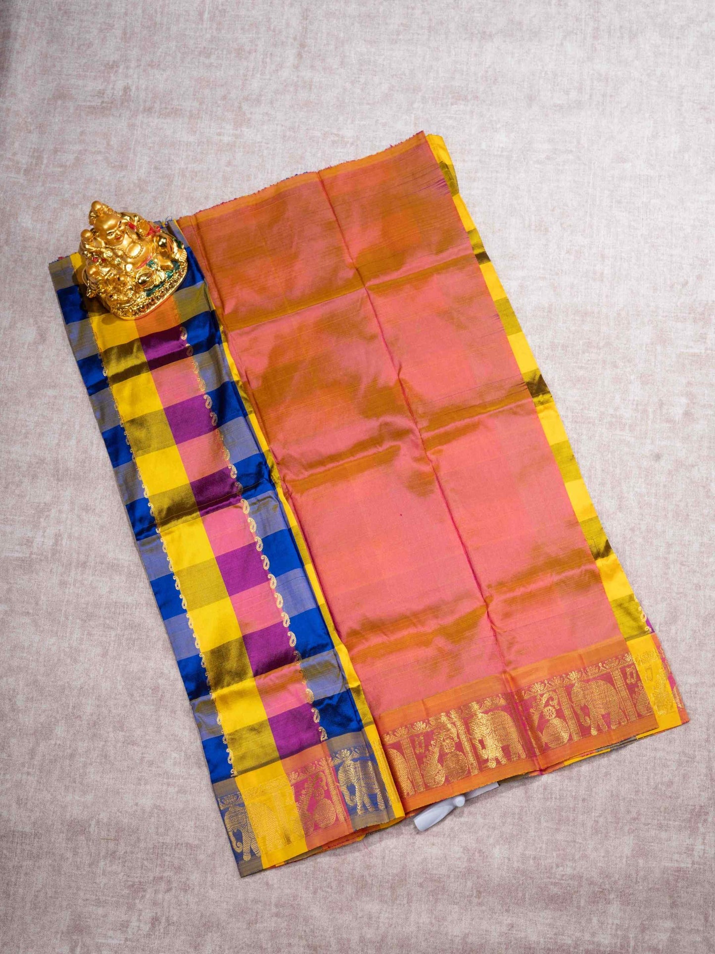 Pure Silk Pattu Pavadai (MultiColour Checks) With Pinkish Orange Blouse 27"