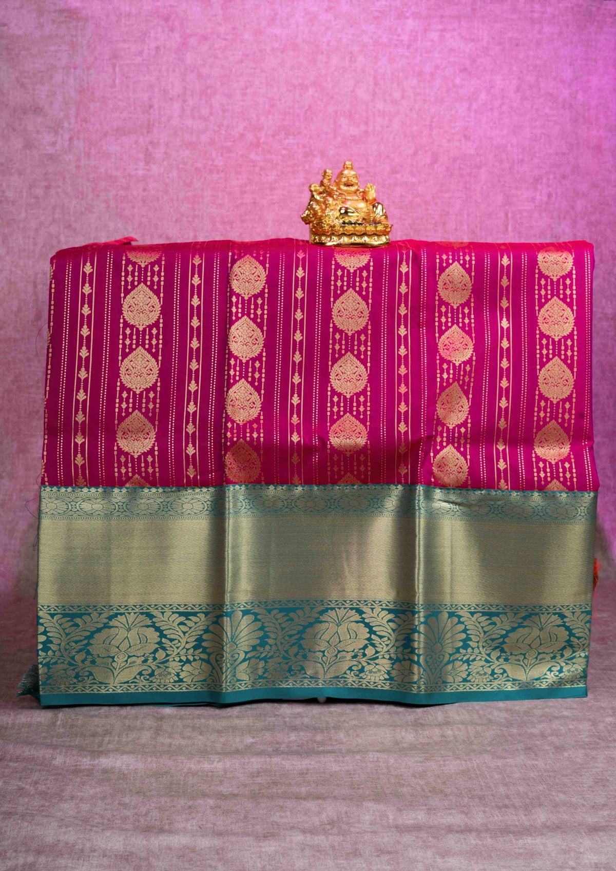 Semi Silk Pattu Pavadai ( Dark Pink ) With Peacock Green Blouse  44"