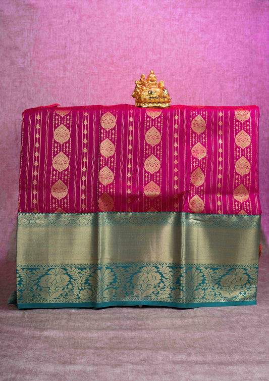 Mix Silk Pattu Pavadai ( Dark Pink ) With Peacock Green Blouse  44"