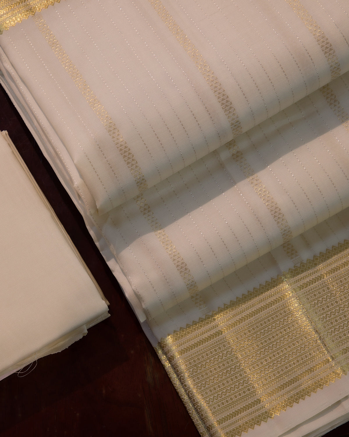 Premium White Traditional Gold And Silver Lines Handloom Pure Kanjivaram Silk (9x5) Dhoti, Angavastram & Shirt (2.50M) With Border