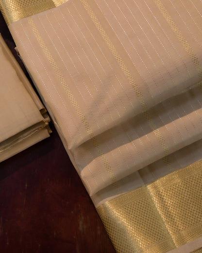 Premium Cream Gold Traditional Gold And Silver Lines Handloom Pure Kanjivaram Silk (9x5) Dhoti, Angavastram & Shirt (2.50M) With Border