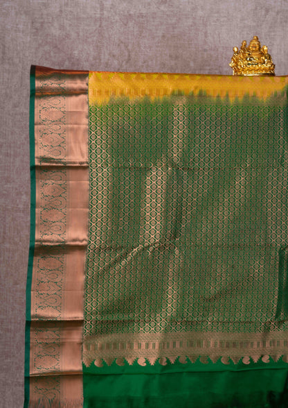 Mustard Yellow Grand Puremix Silk Saree With Green Blouse